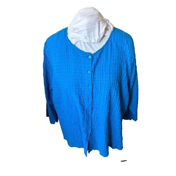 NEW Eileen Fisher Womens Cotton Button-Up Top Blue Ocean 2X Round Neck3/4 Sleeve - Picture 1 of 12